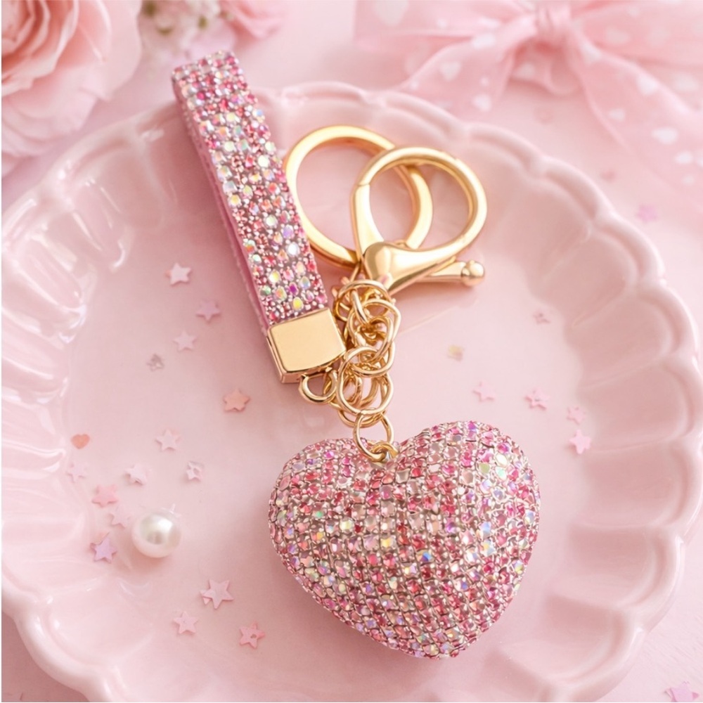 Pink Heart Keychain with Gold Accents